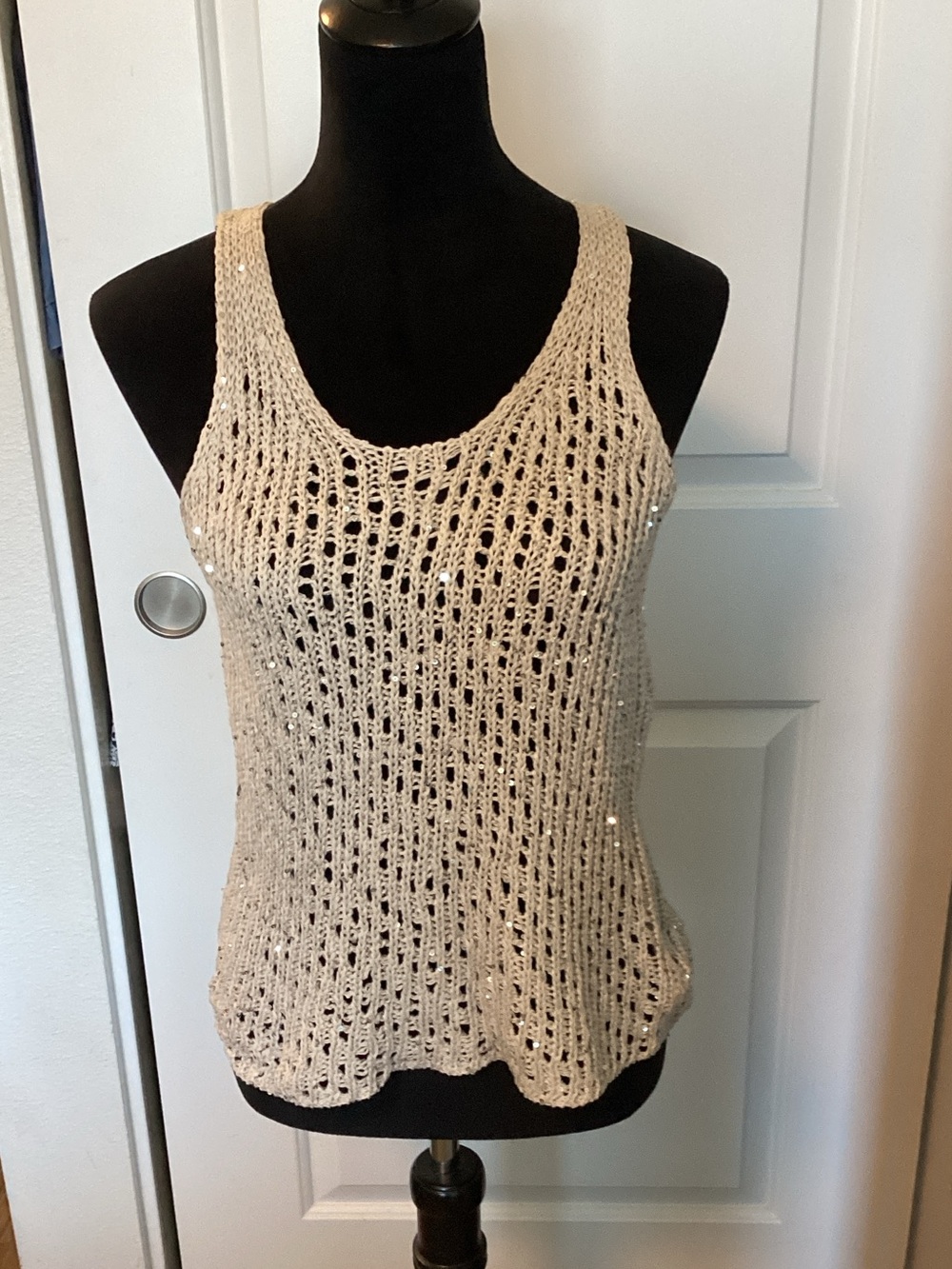 Eileen Fisher Cream sequin chainmail mesh cotton tank top XS NWT